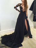 A-Line/Princess Bateau Long Sleeves Lace Chiffon Court Train Prom Dresses