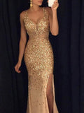 Sheath/Column V-neck Sequined Court Train Sleeveless Tulle Prom Dresses