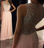 A-Line/Princess Scoop Sleeveless Chiffon Crystal Long Prom Dresses