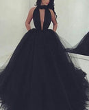 Ball Gown V-neck Sleeveless Long Tulle Prom Dresses