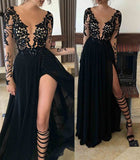 A-Line/Princess Sheer Neck Long Sleeves Lace Long Chiffon Prom Dresses