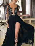 A-Line/Princess Sheer Neck Long Sleeves Lace Long Chiffon Prom Dresses