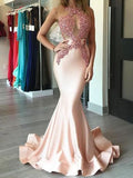 Trumpet/Mermaid Halter Satin Sleeveless Appliqued Long Prom Dresses