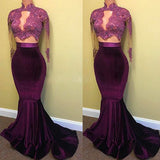 Trumpet/Mermaid High Neck Satin Long Sleeves Appliqued Long Prom Dresses