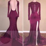 Trumpet/Mermaid Scoop Satin Long Sleeves Appliqued Long Prom Dresses