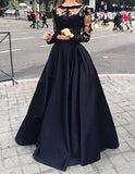 Ball Gown Long Sleeves Bateau Satin Long Prom Dresses