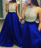 Ball Gown Sleeveless Jewel Crystal Satin Long Prom Dresses