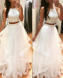 A-Line/Princess Sleeveless Halter Long Beading Tulle Prom Dresses