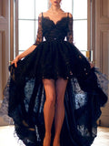 A-Line/Princess Spaghetti Straps Sleeveless High-Low Lace Prom Dresses