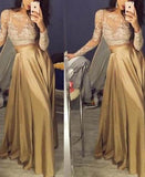 A-Line/Princess Long Sleeves Scoop Satin Appliqued Long Two-Piece Prom Dresses