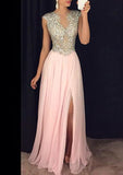 A-Line/Princess Sleeveless Bateau Chiffon Sequined Long Prom Dresses