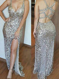 Sheath/Column Sleeveless V-neck Long Sequined Prom Dresses