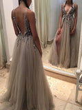 A-Line/Princess Sleeveless V-neck Tulle Sequined Long Prom Dresses