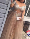 Ball Gown Off-the-Shoulder Long Sleeves Sequined Tulle Long Prom Dresses