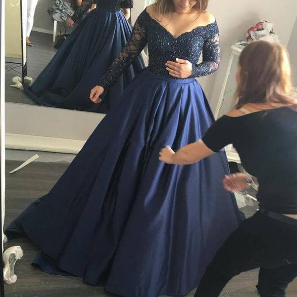 Ball Gown Off-the-Shoulder Long Sleeves Beading Satin Long Prom Dresses