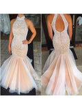 Trumpet/Mermaid Halter Sleeveless Beading Tulle Long Prom Dresses