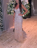 Trumpet/Mermaid Sleeveless V-neck Tulle Crystal Long Prom Dresses