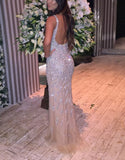 Trumpet/Mermaid Sleeveless V-neck Tulle Crystal Long Prom Dresses