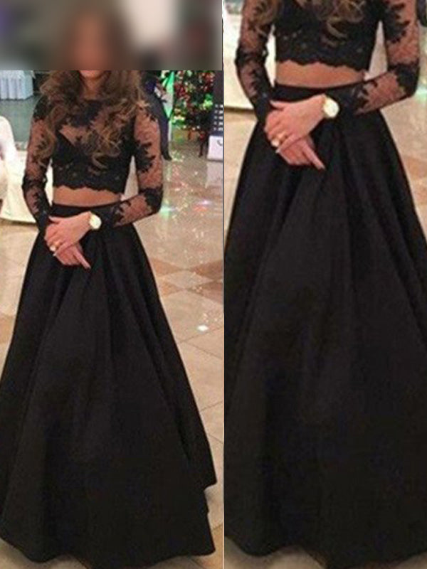 A-Line/Princess Long Sleeves Scoop Long Lace Prom Dresses