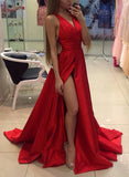 A-Line/Princess Halter Sleeveless Long Taffeta Prom Dresses