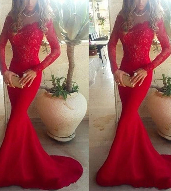 Trumpet/Mermaid Off-the-Shoulder Long Sleeves Lace Appliqued Satin Long Prom Dresses