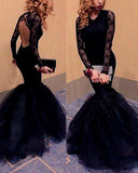 Trumpet/Mermaid Long Sleeves Scoop Lace Long Tulle Prom Dresses