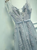 A-Line/Princess Sleeveless V-neck Tulle Appliqued Long Prom Dresses