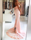 Trumpet/Mermaid Sleeveless High Neck Lace Appliqued Satin Long Prom Dresses