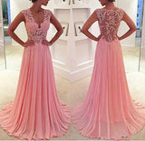 A-Line/Princess Sleeveless Chiffon Lace V-neck Long Prom Dresses