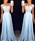 A-Line/Princess Sleeveless Sheer Neck Appliqued Chiffon Long Prom Dresses
