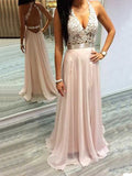 A-Line/Princess Halter Sleeveless Chiffon Lace Long Prom Dresses