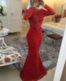 Trumpet/Mermaid Long Sleeves Scoop Lace Long Prom Dresses