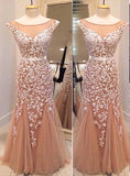 Sheath/Column Sleeveless Bateau Tulle Appliqued Long Prom Dresses