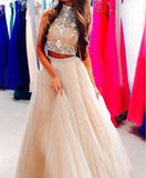 A-Line/Princess High Neck Sleeveless Beading Tulle Long Prom Dresses