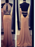 Sheath/Column Halter Sleeveless Beading Chiffon Long Prom Dresses