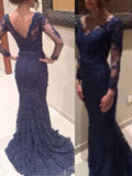 Trumpet/Mermaid V-neck Long Sleeves Appliqued Long Lace Prom Dresses