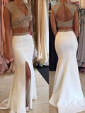 Trumpet/Mermaid V-Neck Sleeveless Satin Beading Long Prom Dresses