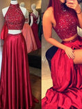 A-Line/Princess High Neck Sleeveless Sequined Long Taffeta Prom Dresses