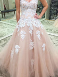 Ball Gown Sweetheart Sleeveless Appliqued Tulle Long Prom Dresses