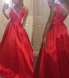 A-Line/Princess V-Neck Sleeveless Satin Long Prom Dresses