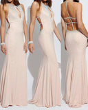 Sheath/Column Sleeveless Halter Long Beading Jersey Prom Dresses