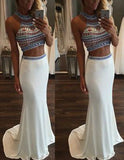 Trumpet/Mermaid Sleeveless Halter Beading Long Chiffon Two-Piece Prom Dresses