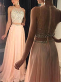 A-Line/Princess Sleeveless Scoop Beading Long Chiffon Prom Dresses