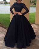 Ball Gown Long Sleeves Scoop Satin Long Beading Prom Dresses