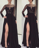 A-Line/Princess Bateau Long Sleeves Lace Long Chiffon Prom Dresses