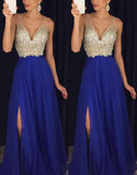 A-Line/Princess V-neck Sleeveless Beading Long Chiffon Prom Dresses