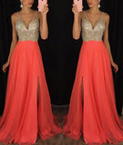 A-Line/Princess V-neck Sleeveless Beading Long Chiffon Prom Dresses
