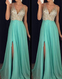 A-Line/Princess V-neck Sleeveless Beading Long Chiffon Prom Dresses