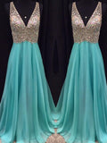 A-Line/Princess V-neck Sleeveless Beading Long Chiffon Prom Dresses