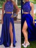 A-Line/Princess Sleeveless High Neck Satin Beading Long Two-Piece Prom Dresses